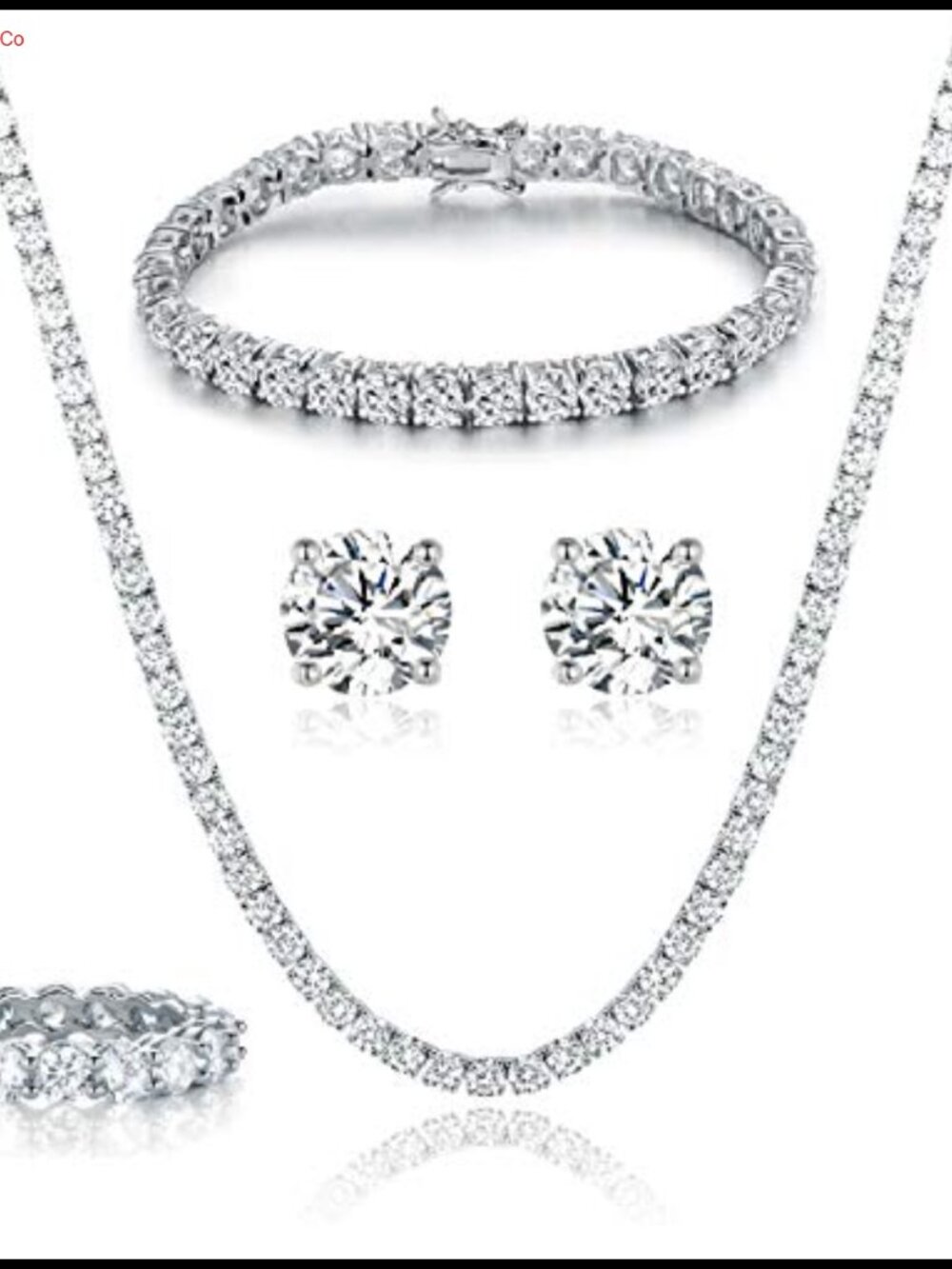 18K White Gold Plated Tennis Necklace Bracelet Earrings Ring Set Hypoallergenic